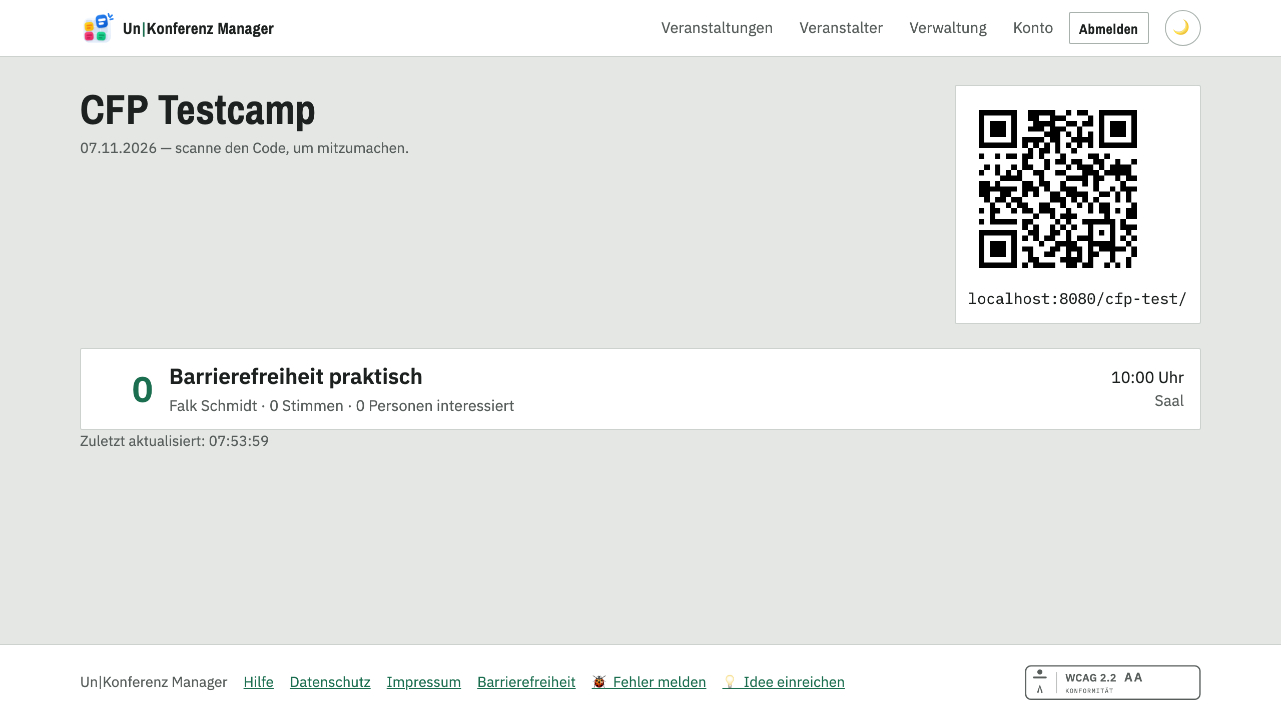 Das Board mit QR-Code und aktuellem Stand