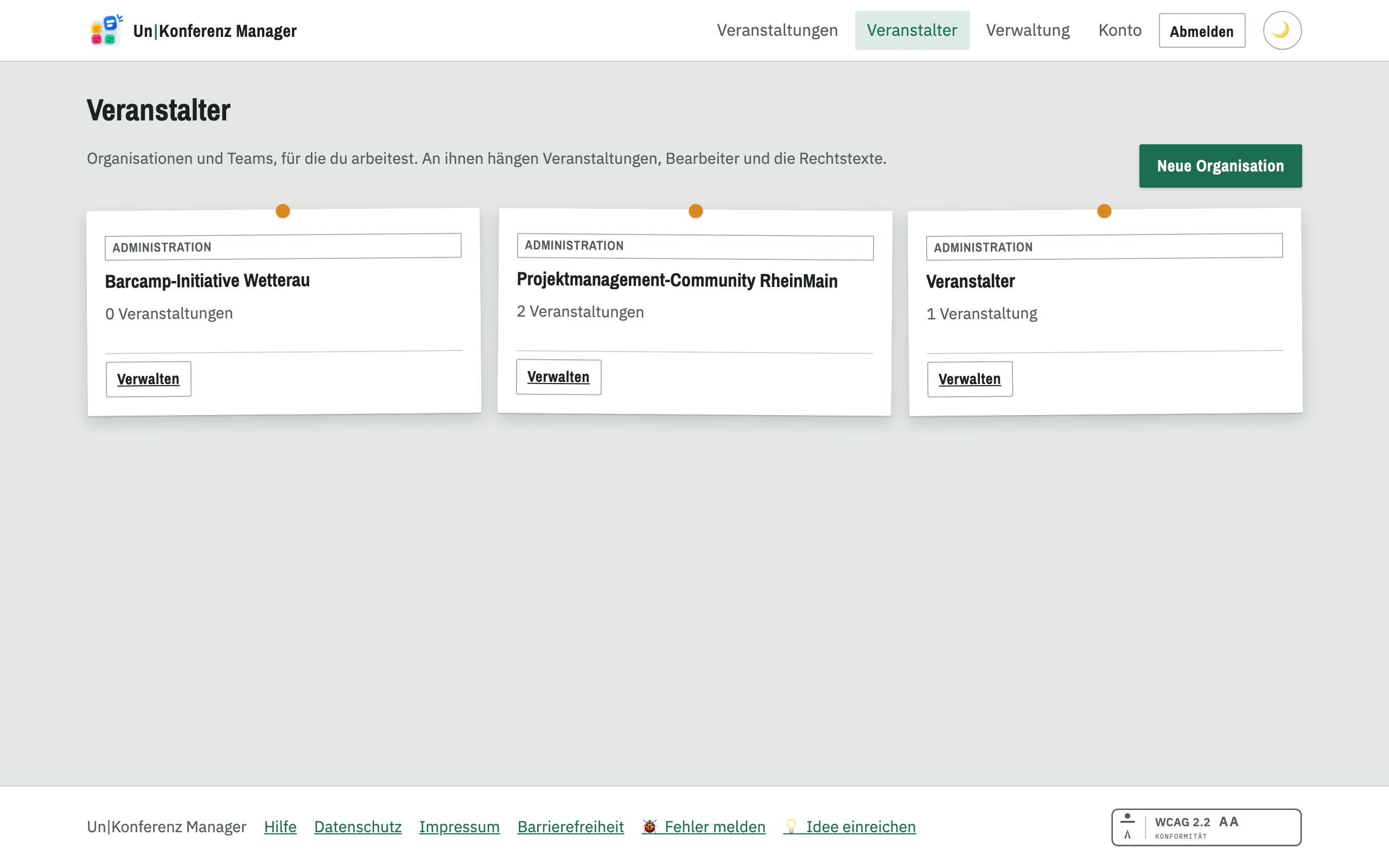 Die Übersicht einer Organisation mit ihren Veranstaltungen